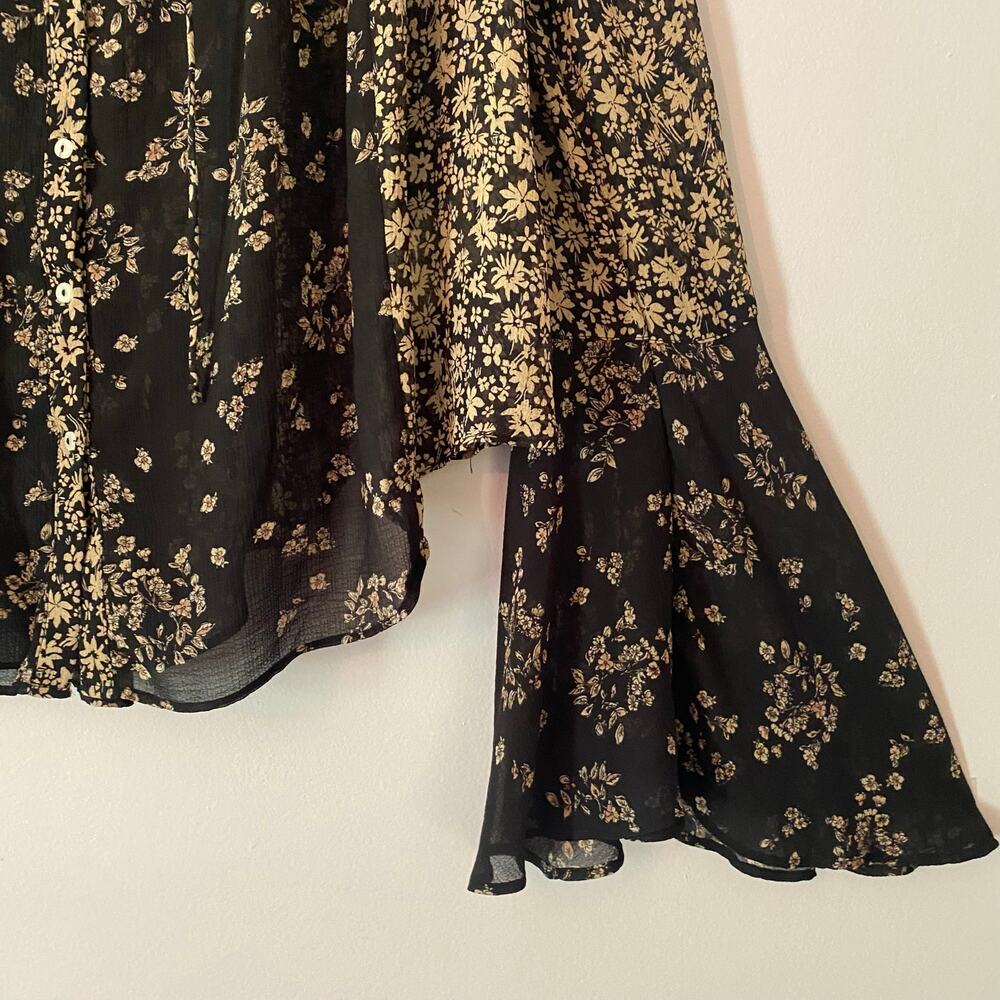 Free People Black Tan Floral Whimsygoth Sheer Button Down Blouse Women's Medium - Picture 5 of 10
